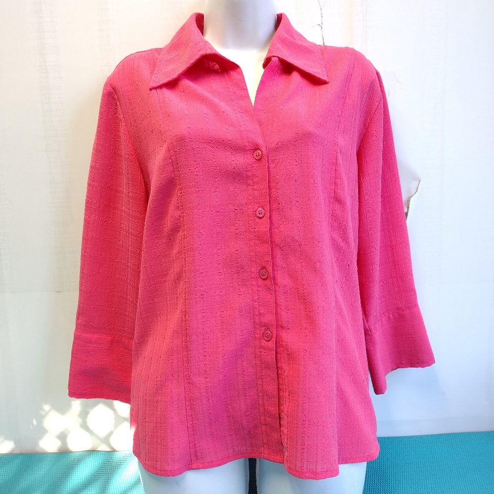 Hasting & Smith Women's 3/4 Sleeve Button Down Shirt  - Coral Pink - Size L